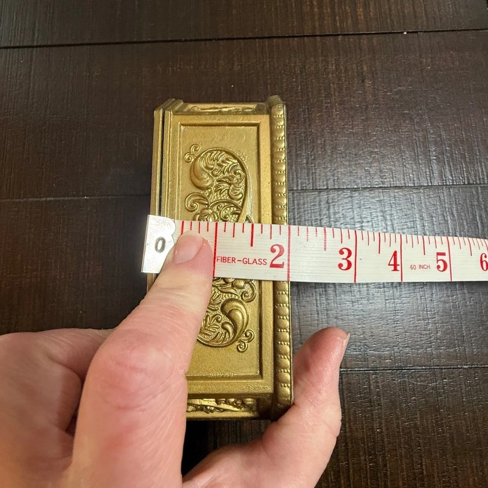 Vintage Gold Brass Floral‎ Embossed Metal Trinket Jewelry Box Red Velvet Coffin